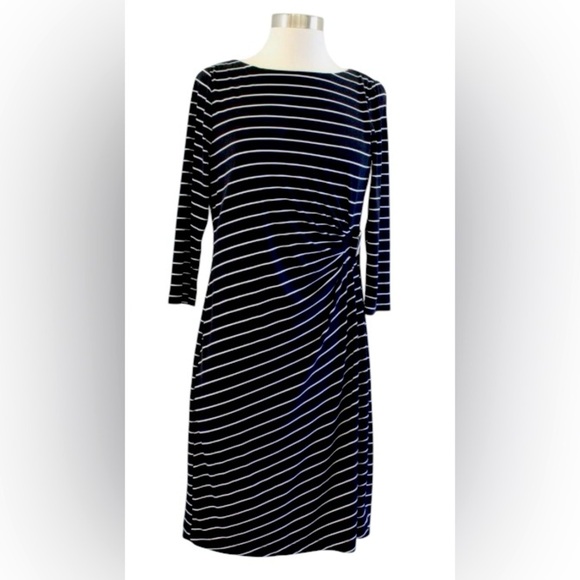 Chico's So Slimming Black White Striped Ruched Dress Size M Built in Shapewear - Picture 1 of 12